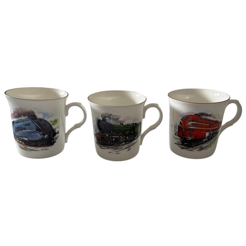 3 Crown Trent Steam Trains Mugs Cups Staffordshire England Derick Bown Vintage
